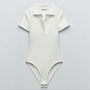 Zara Ribbed Polo Bodysuit Oyster White NWOT Size L